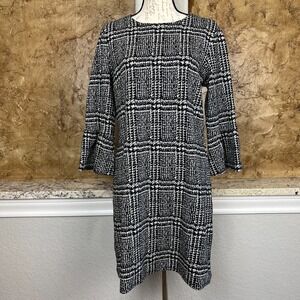 Banana Republic Shift Dress Women Medium Glen Plaid Bell Sleeve Black White Work